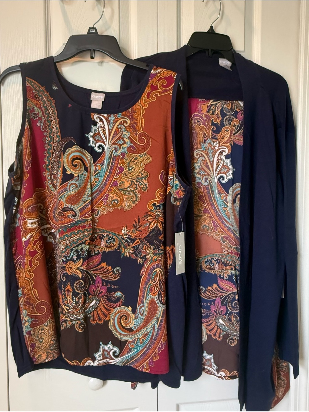 # Chico's XXL Navy Tank Sweater & Open Cardigan with Paisley Woven Accents - Picture 2 of 16